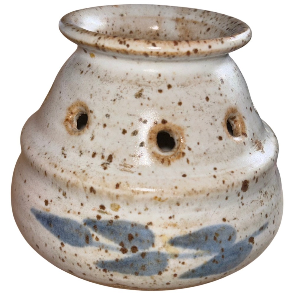 Signed Art Pottery Flower‎ Frog Rustic Blue Leaf Design Flower Frog Weed Pot
